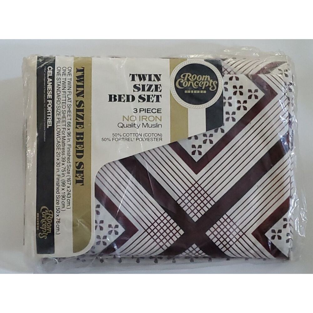 Vtg Room Concepts Cotton Blend Muslin Fitted Flat Twin Size Sheets Pillow Case